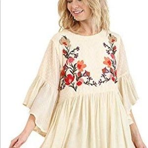 Umgee fully lined embroidered dress with fluted sleeves